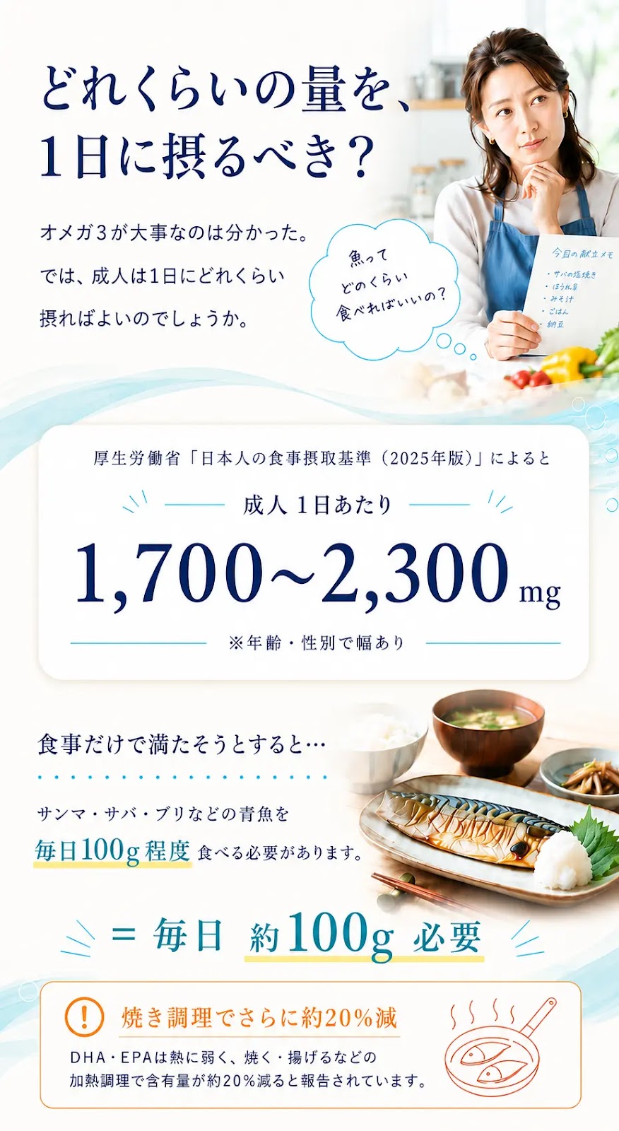 どれくらいの量を1日に摂るべき？成人1日あたり1,700〜2,300mg。毎日約100g必要